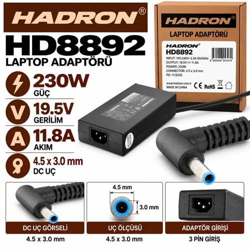 HADRON HD8892 230W 19.5V 11.8A 4.5x3.0 mm HP Laptop-Notebook Adaptörü