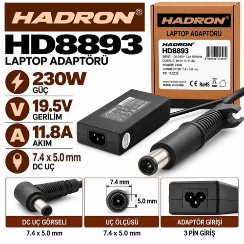 HADRON HD8893 230W 19.5V 11.8A 7.4x5.0 mm Asus MSI Casper Laptop-Notebook Adaptörü
