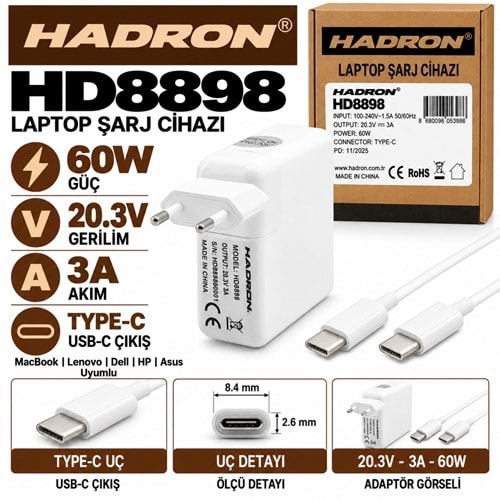 HADRON HD8898 60W 20.3V 3A Type-C Uç MacBook Lenovo Dell HP Asus Laptop-Notebook Adaptörü