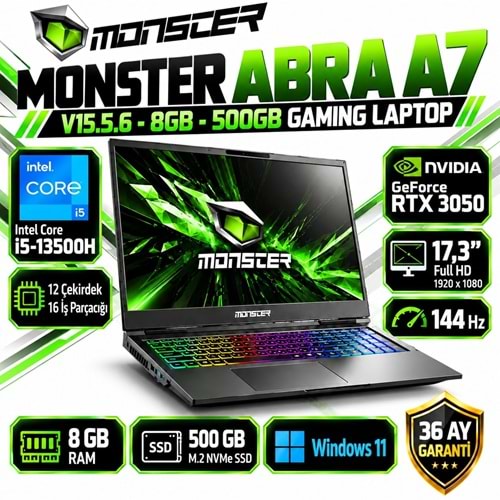Monster Abra A7 V15.5.6 i5-13500H 8GB RAM 500GB M.2 NVMe SSD RTX 3050 17.3