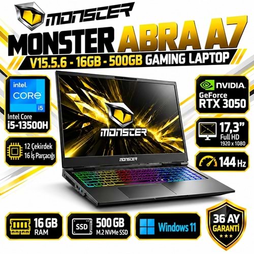 Monster Abra A7 V15.5.6 i5-13500H 16GB RAM 500GB M.2 NVMe SSD RTX 3050 17.3