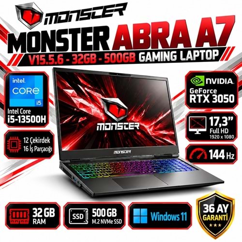Monster Abra A7 V15.5.6 i5-13500H 32GB RAM 500GB M.2 NVMe SSD RTX 3050 17.3