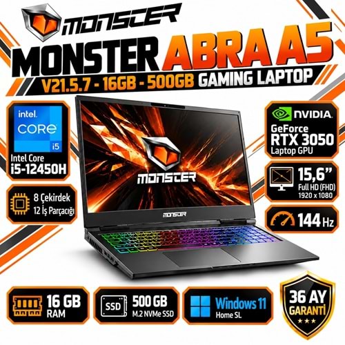 Monster Abra A5 V21.5.7 i5-12450H 16GB RAM 500GB M.2 NVMe SSD RTX 3050 15.6