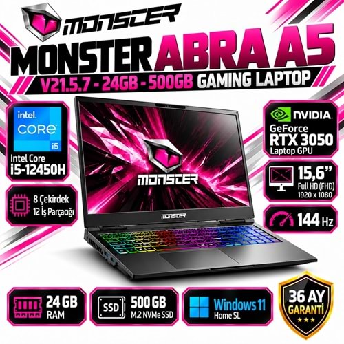 Monster Abra A5 V21.5.7 i5-12450H 24GB RAM 500GB M.2 NVMe SSD RTX 3050 15.6