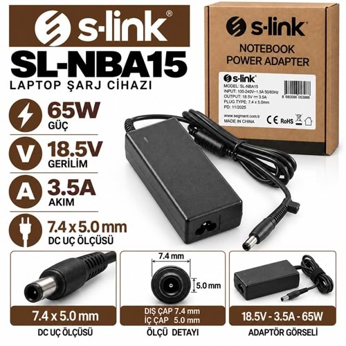 S-LINK SL-NBA15 65W 19V 3.42A / 5.5 × 2.5 mm Asus / Toshiba / Acer / Standart Notebook - Laptop Adaptörü