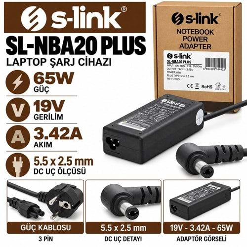 S-LINK SL-NBA20 PLUS 65W 19V 3.42A / 5.5 × 2.5 mm ASUS / Acer / Standart Uçlu Notebook - Laptop Adaptörü