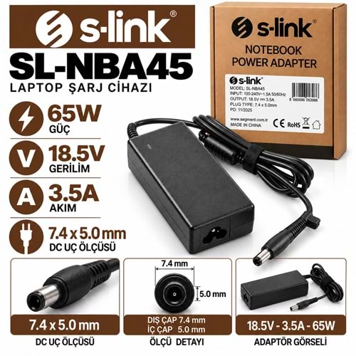 S-LINK SL-NBA45 90W 19V 4.74A / 7.4 × 5.0 mm HP Notebook - Laptop Adaptörü