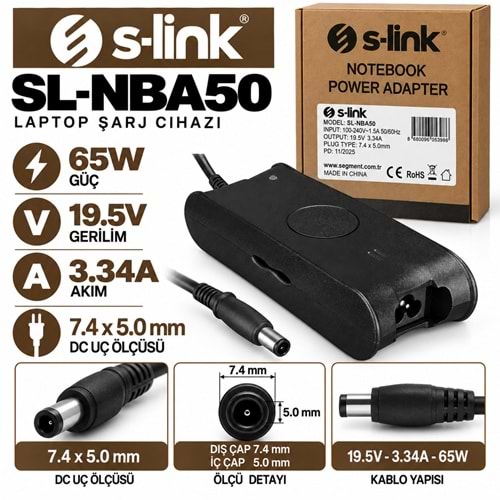 S-LINK SL-NBA50 65W 19.5V 3.34A / 7.4 × 5.0 mm Dell Notebook - Laptop Adaptörü