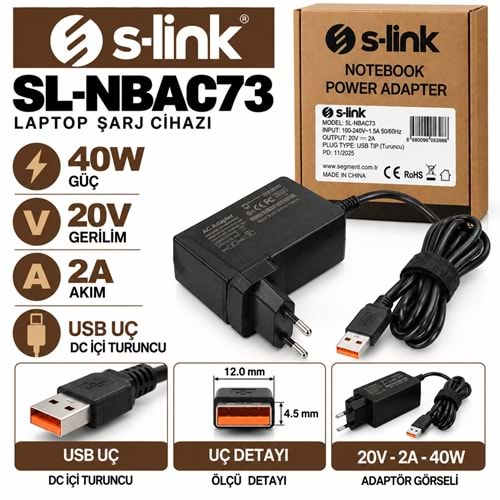 S-LINK SL-NBAC73 40W 20V 2A USB Uç Lenovo YOGA3 / Notebook - Laptop Adaptörü