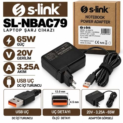 S-LINK SL-NBAC79 65W 20V 3.25A / Type-C Uç MacBook Lenovo Dell HP Asus Laptop-Notebook Adaptörü