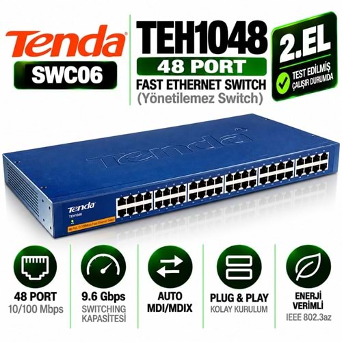 TENDA TEH1048 2.EL 48 Port 10/100 Mbps Fast Ethernet Ağ Switch'i (Yönetilemez Switch)