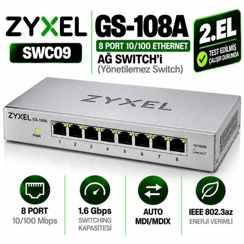 ZYXEL GS-108A 2.EL 8 Port 10/100 Ethernet Ağ Switch'i (Yönetilemez Switch)