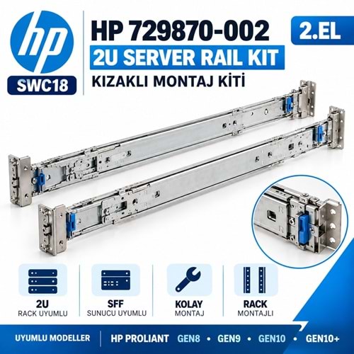 HP 729870-002 HP ProLiant Gen8 Gen9 Gen10 Gen10+ 2U Rack Server Kızaklı Montaj Kiti (2.El)
