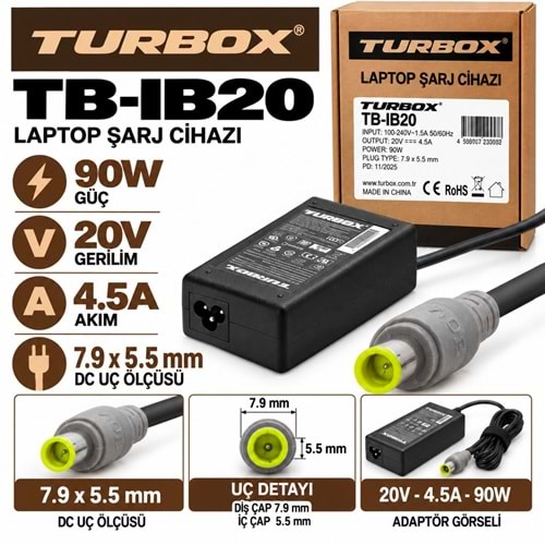 TURBOX TE-IB20 90W 20V 4.5A / 7.9 × 5.5 mm IBM / Lenovo / ThinkPad / Notebook - Laptop Adaptörü