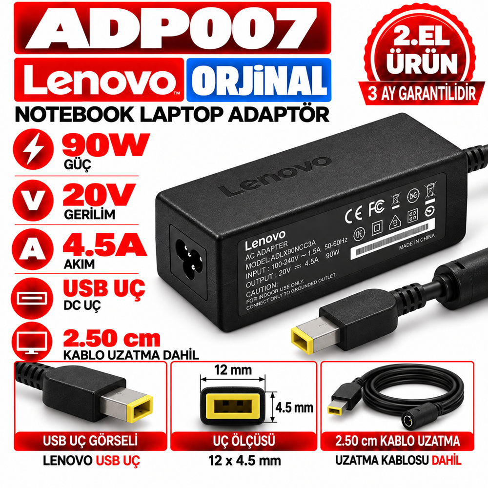 Lenovo Orjinal 90W 20V 4.5A USB Uç 2.EL USB Uç Notebook Laptop Adaptör ( 2.50cm Kablo Uzatma)