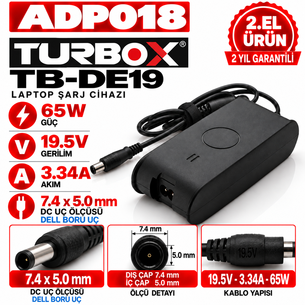 Turbox TB-DE19 65W 19.5v 3.34a 7.4*5.0mm 2.EL DELL Boru Uç Notebook Laptop Adaptör