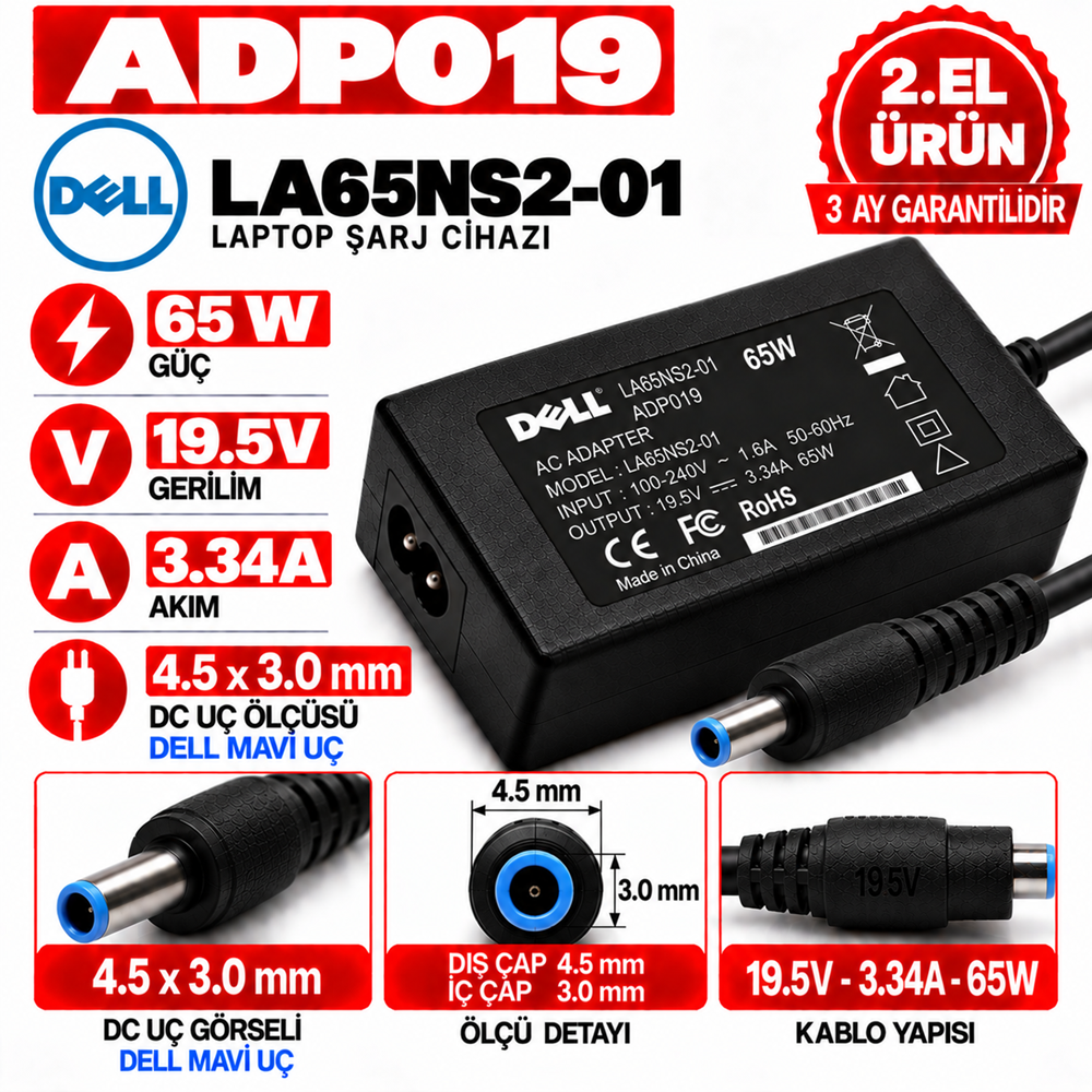 Dell LA65NS2-01 65W 19.5v 3.34A 4.5*3.0mm 2.EL HP Dell Mavi Uç Notebook Laptop Adaptör