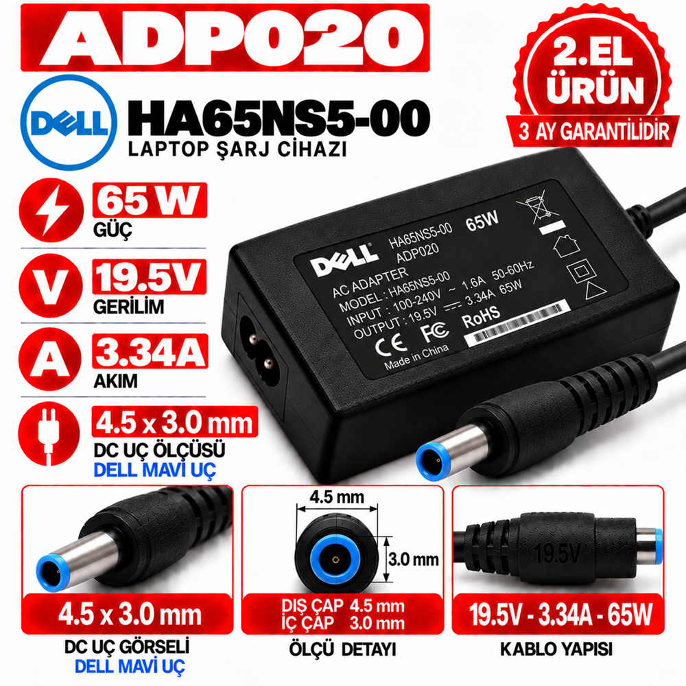 Dell HA65NS5-00 65W 19.5v 3.34A 4.5*3.0mm 2.EL HP Dell Mavi Uç Notebook Laptop Adaptör