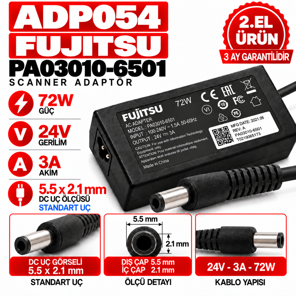 Fujitsu PA03010-6501 72W 24V 3A 5.5*2.1mm 2.EL Tarayıcı Scanner Adaptör