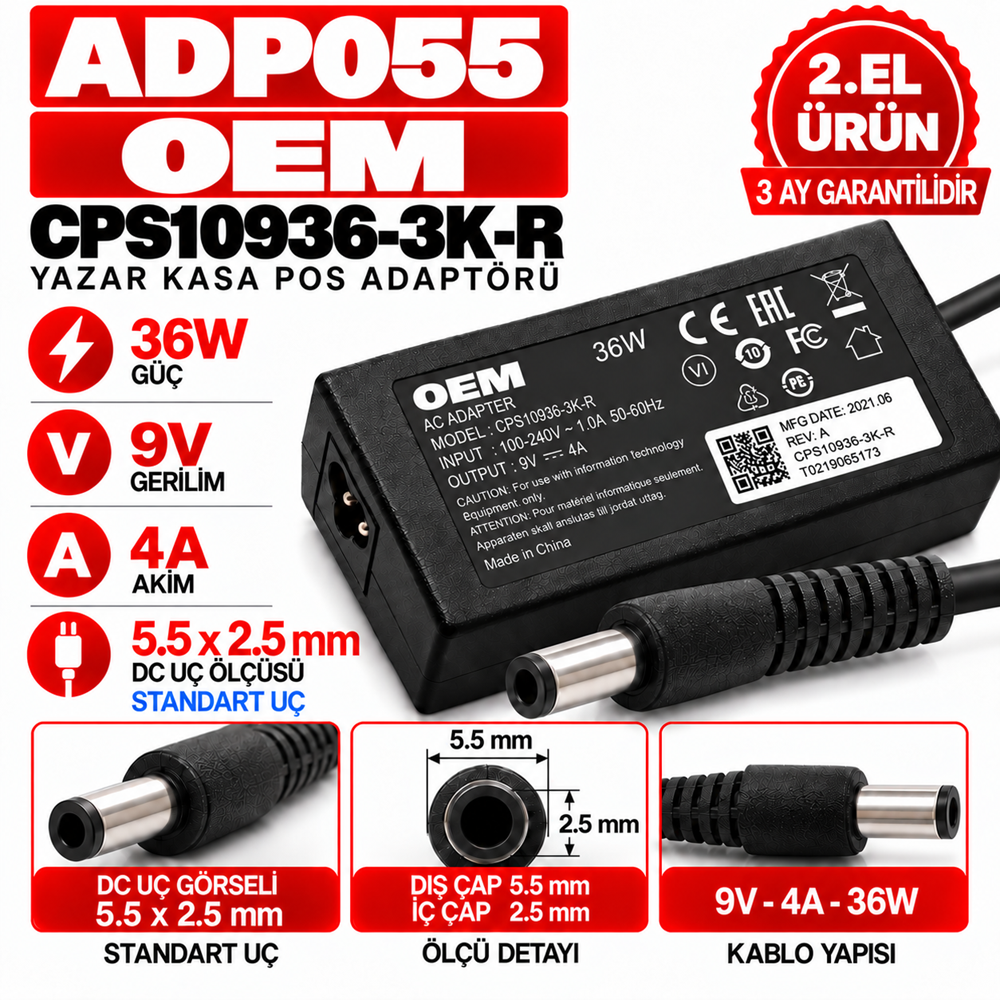 OEM CPS10936-3K-R 36W 9V 4A 5.5*2.5mm 2.EL Standart Uç Yazar Kasa POS Adaptörü