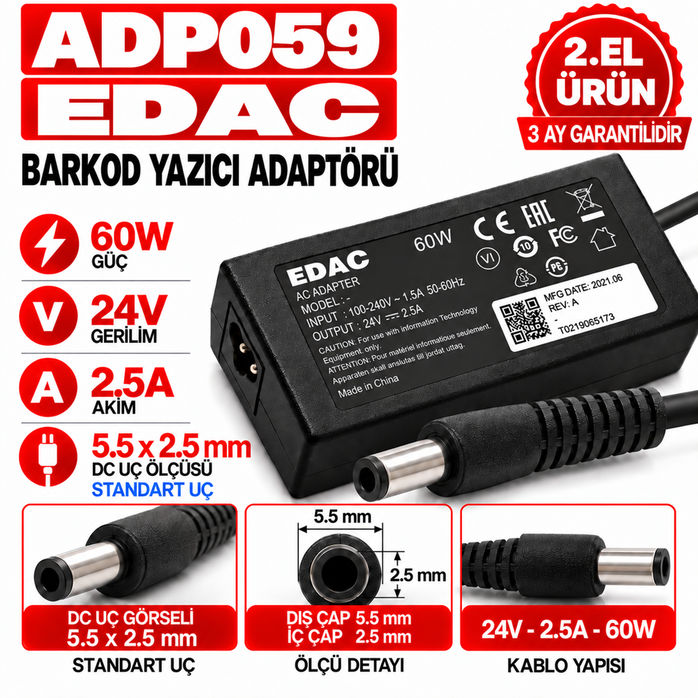 Edac 60W 24V 2.5A 5.5*2.5mm 2.EL Standart Uç Barkod Yazıcı Adaptörü