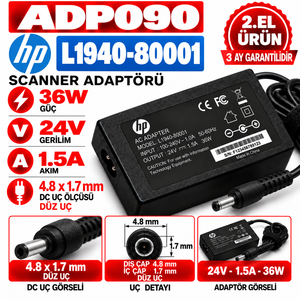 Hp L1940-80001 36W 24V 1.5A 4.8*1.7mm 2.EL Scaner Adaptörü