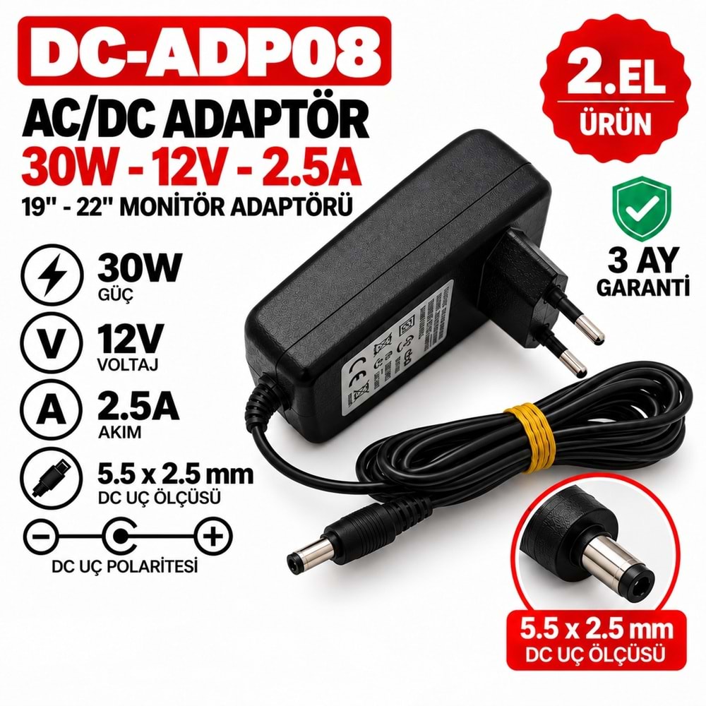 AC-DC ADAPTÖR DC-ADP08 - 30W - 12V - 2.5A - 5.5 × 2.5 mm - 2.El 20