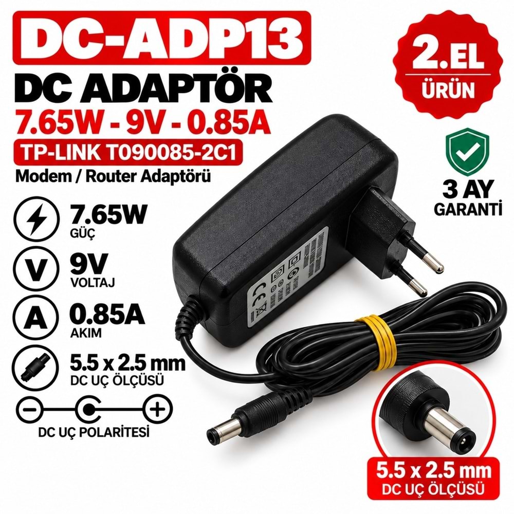 TP-LINK T090085-2C1 - 7.6W - 9V - 0.85A / 5.5 × 2.5 mm - 2.El Standart Giriş Cihaz Adaptörü