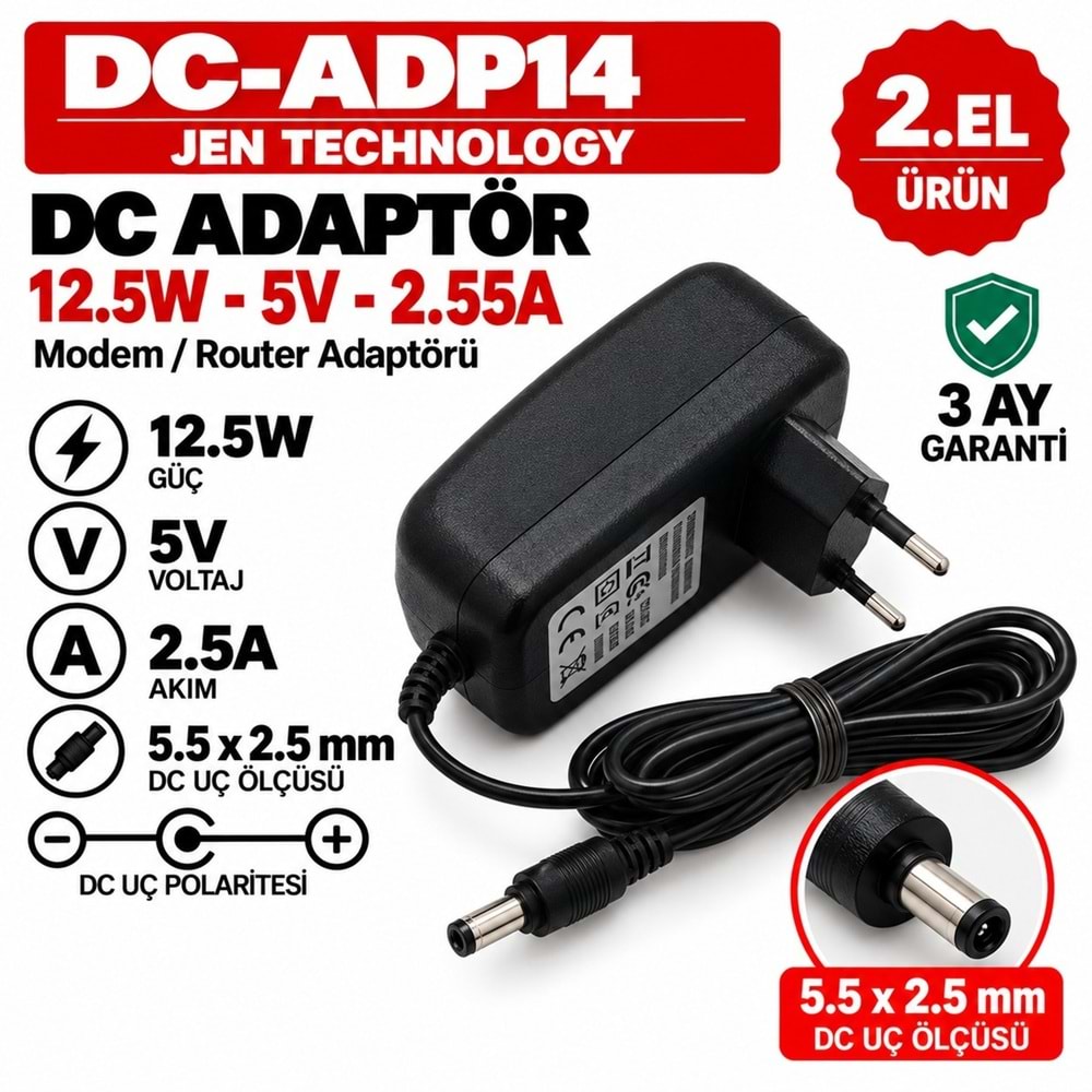 JEN TECHNOLOGY DC-ADP14 - 12W - 5V - 2.5A / 5.5 × 2.5 mm - 2.El Standart Giriş Cihaz Adaptörü