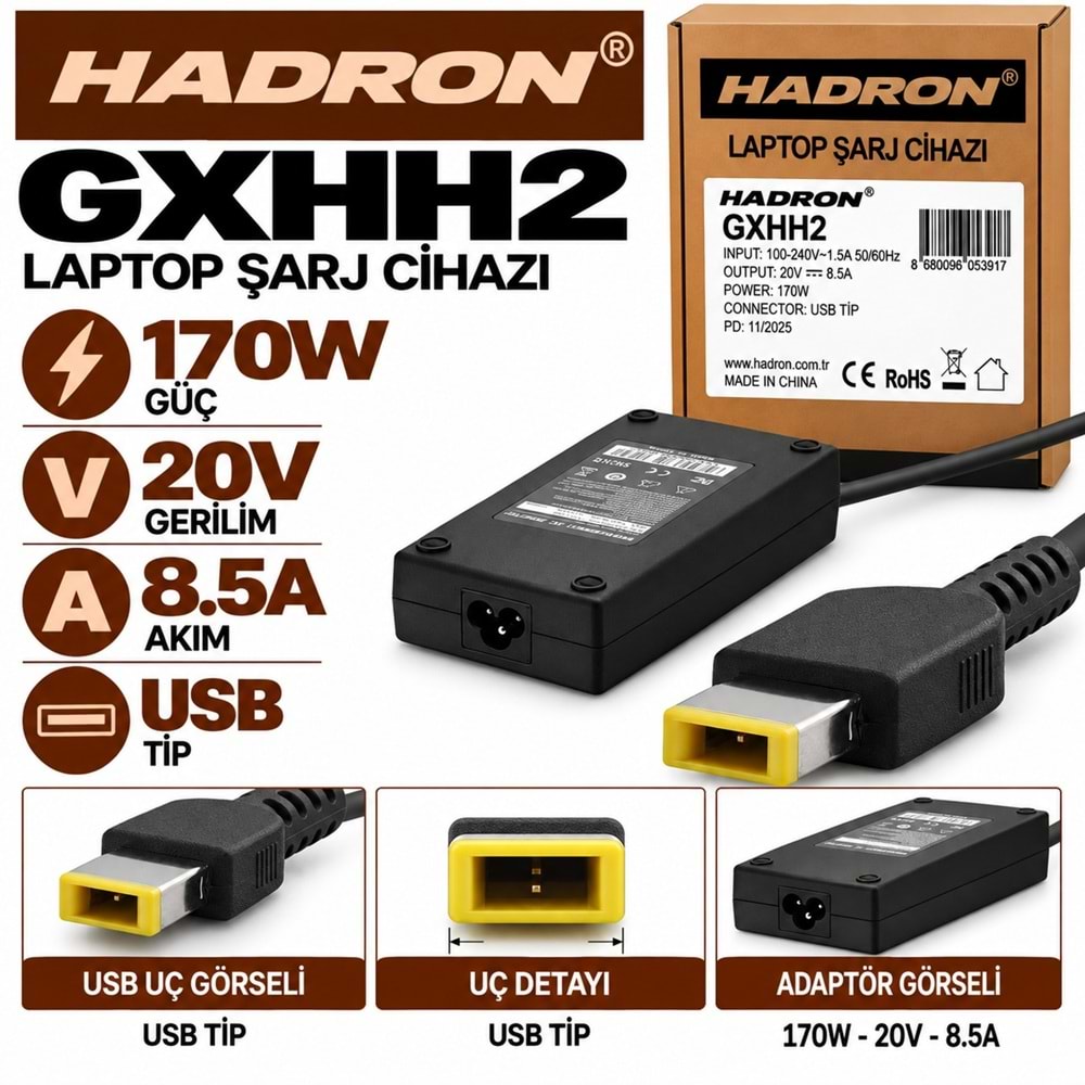 HADRON GXHH2 170W 20V 8.5A USB Uç Lenovo IBM Laptop-Notebook Adaptörü