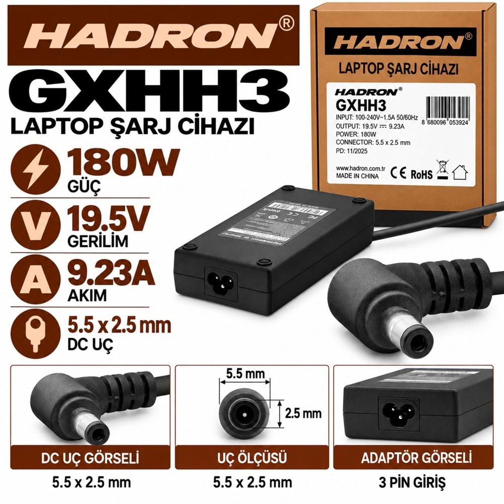 HADRON GXHH3 180W 19.5V 9.23A 5.5x2.5 mm Asus MSI Toshiba Casper Laptop-Notebook Adaptörü
