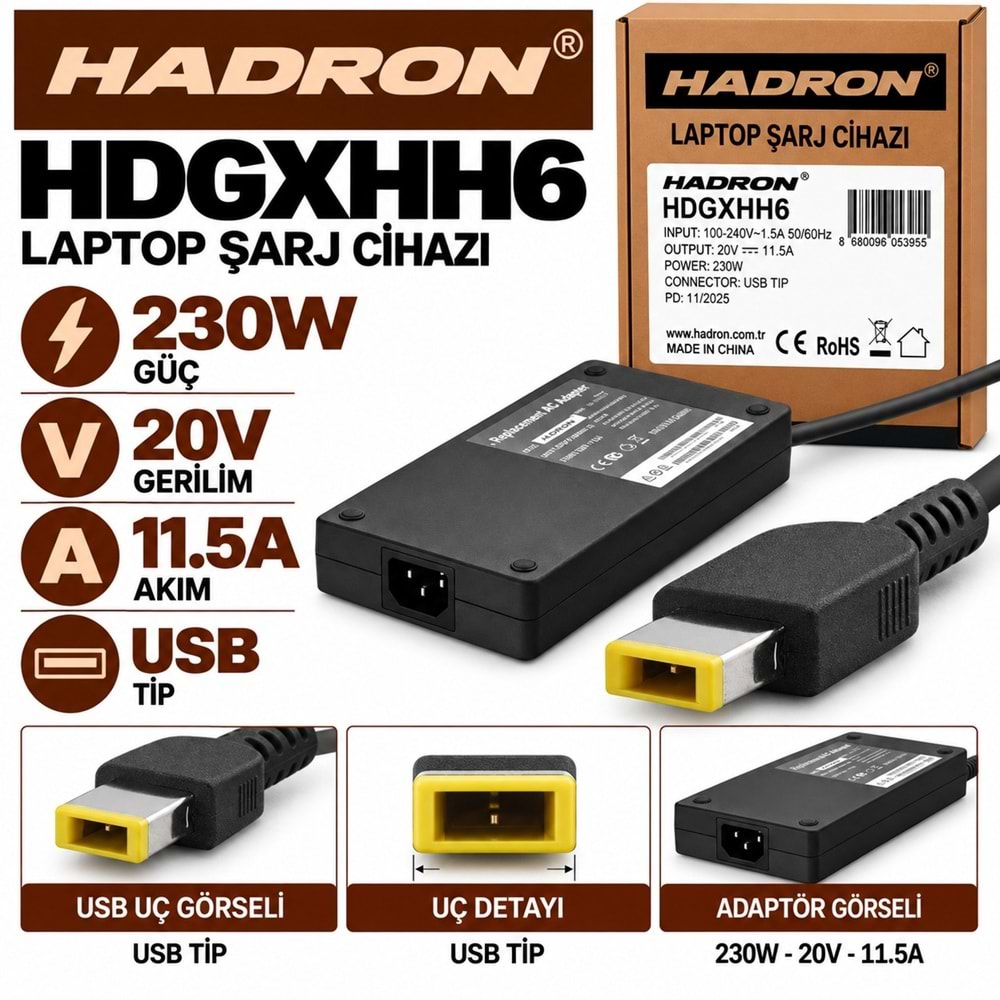 HADRON GXHH6 230W 20V 11.5A USB Uç Lenovo IBM Laptop-Notebook Adaptörü