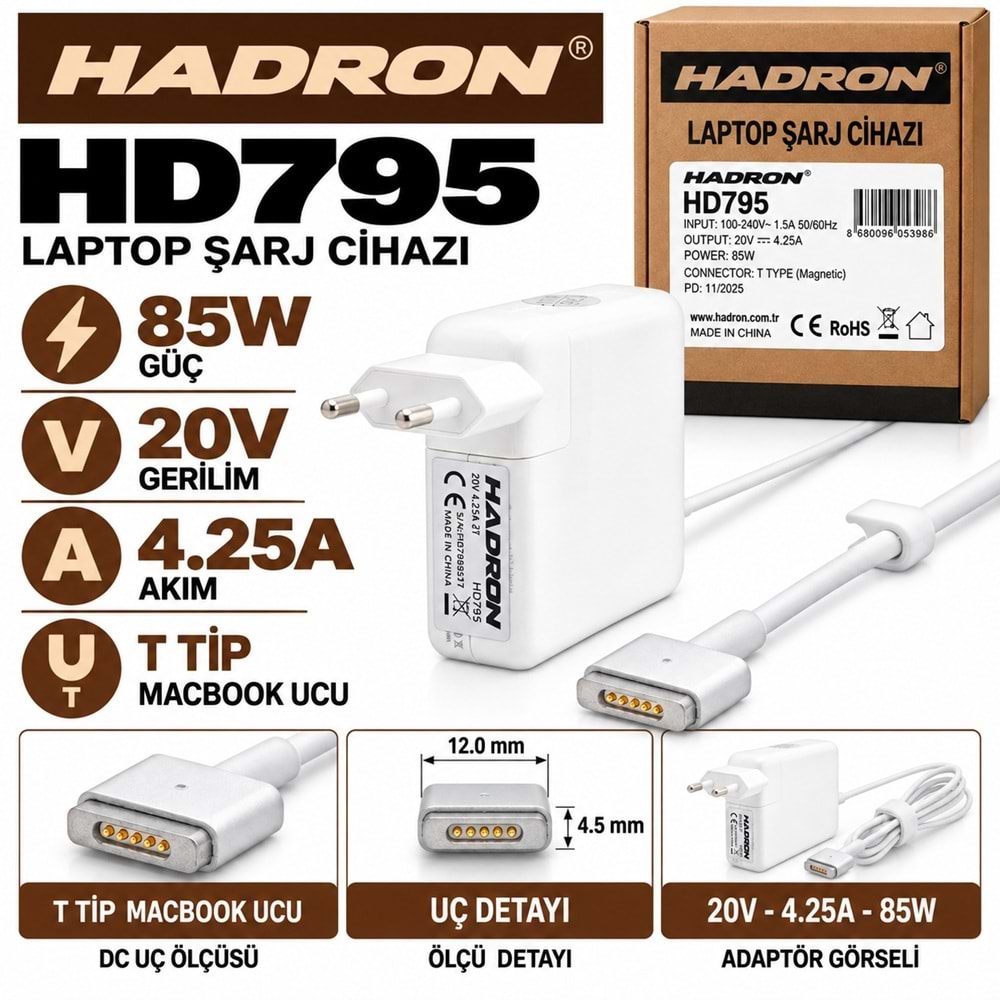 HADRON HD795 85W 20V 4.25A T Tip MacBook Laptop-Notebook Adaptörü