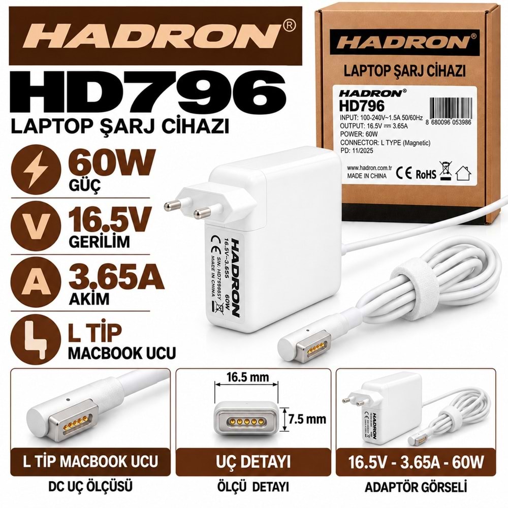 HADRON HD796 60W 16.5V 3.65A L Tip MacBook Laptop-Notebook Adaptörü