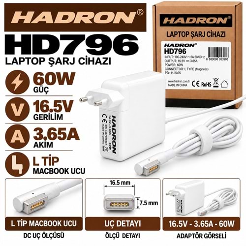 HADRON HD796 60W 16.5V 3.65A L Tip MacBook Laptop-Notebook Adaptörü