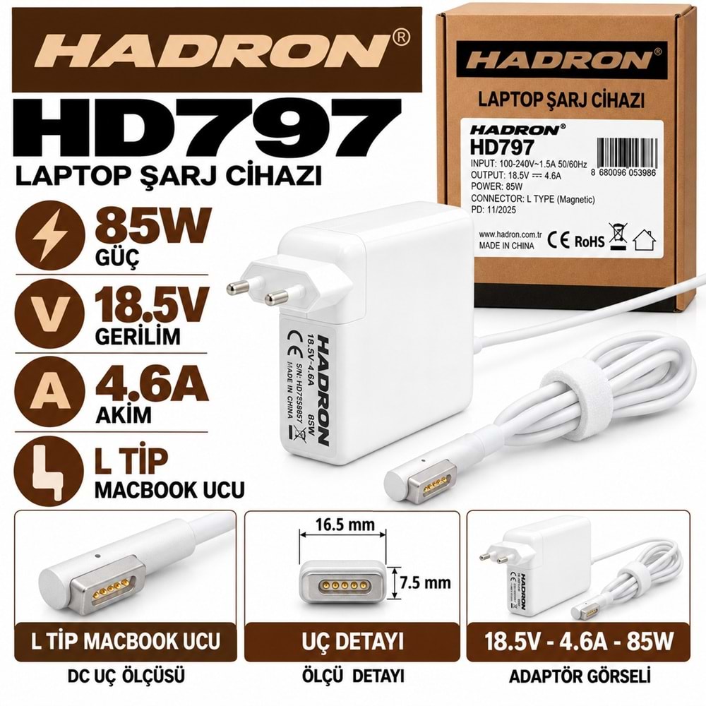 HADRON HD797 85W 18.5V 4.6A L Tip MacBook Laptop-Notebook Adaptörü