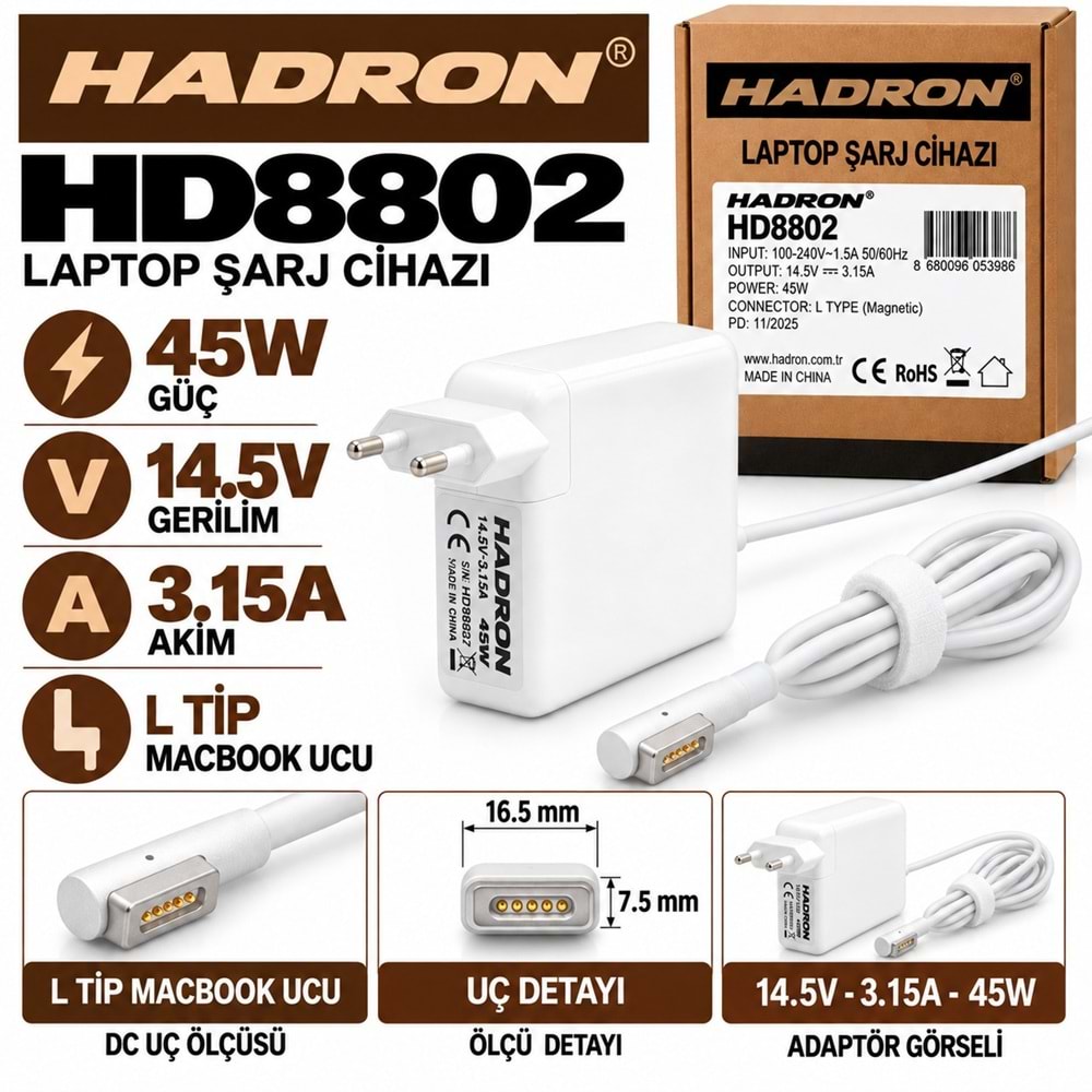 HADRON HD8802 45W 14.5V 3.15A L Tip MacBook Laptop-Notebook Adaptörü