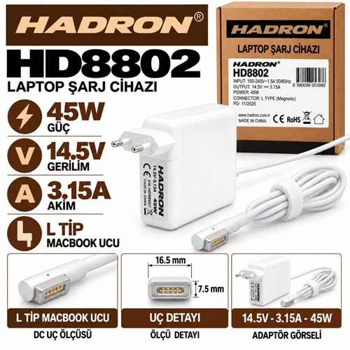 HADRON HD8802 45W 14.5V 3.15A L Tip MacBook Laptop-Notebook Adaptörü