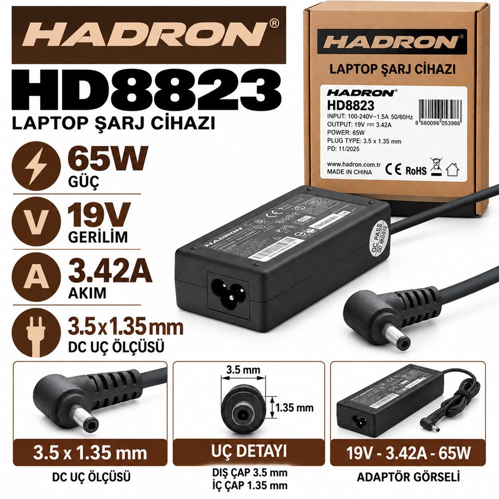 HADRON HD8823 65W 19V 3.42A 3.5×1.35 mm ASUS Acer Toshiba Samsung Notebook - Laptop Adaptörü