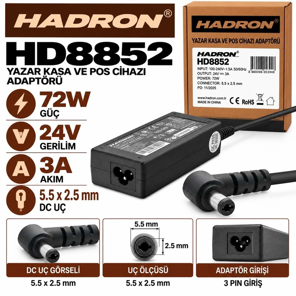 HADRON HD8852 72W 24V 3A 5.5x2.5 mm Yazar Kasa ve POS Cihazı Adaptörü