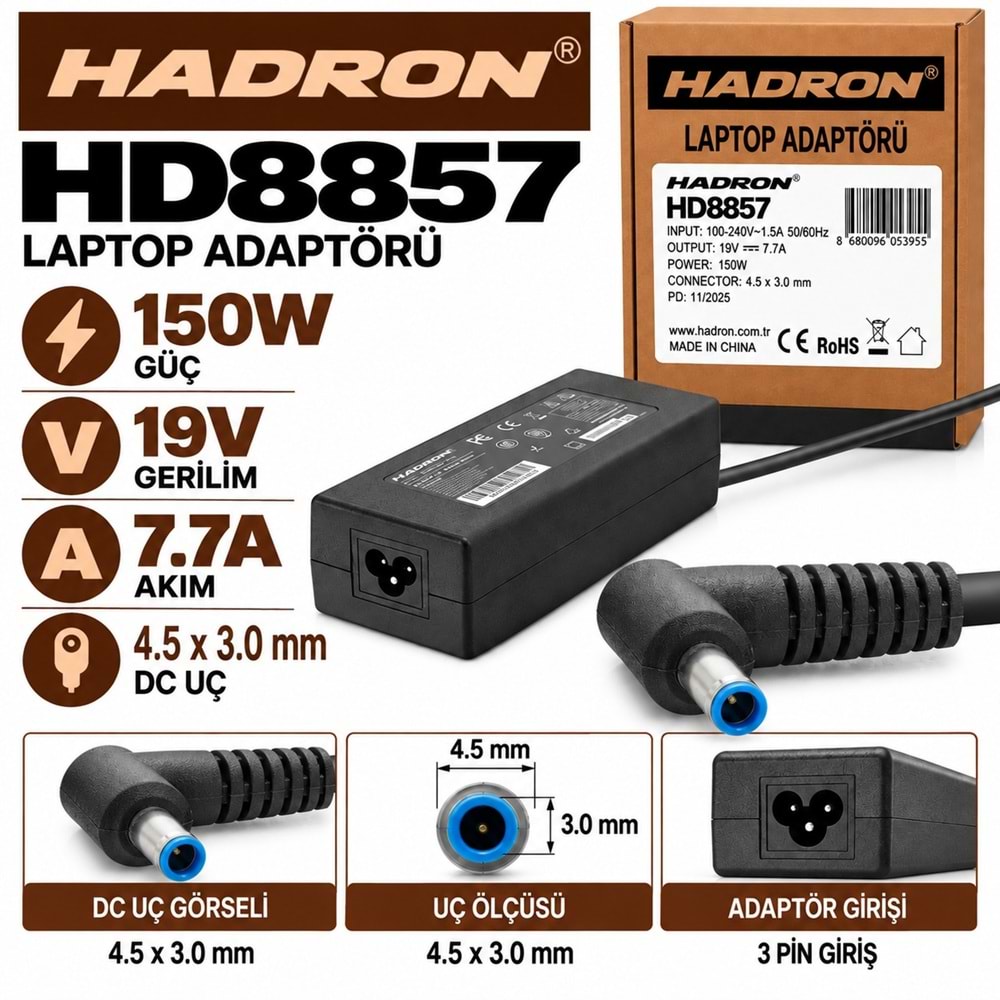 HADRON HD8857 150W 19V 7.7A 4.5x3.0 mm HP Laptop-Notebook Adaptörü
