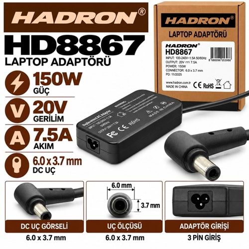 HADRON HD8867 150W 20V 7.5A 6.0x3.7 mm Asus Laptop-Notebook Adaptörü