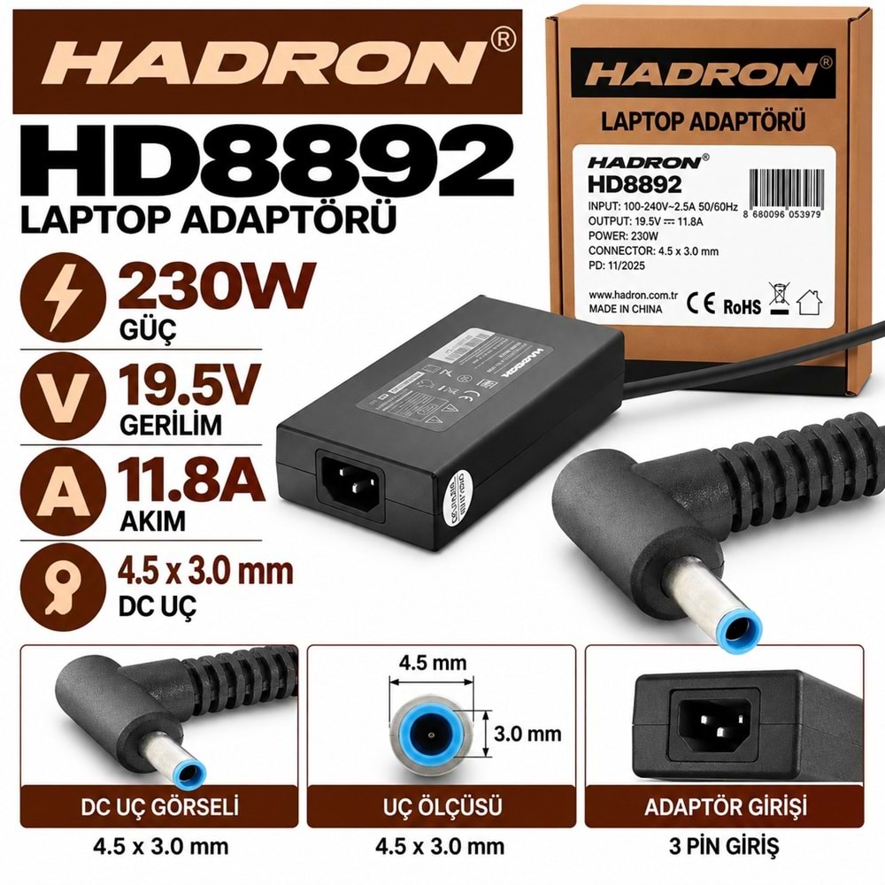 HADRON HD8892 230W 19.5V 11.8A 4.5x3.0 mm HP Laptop-Notebook Adaptörü