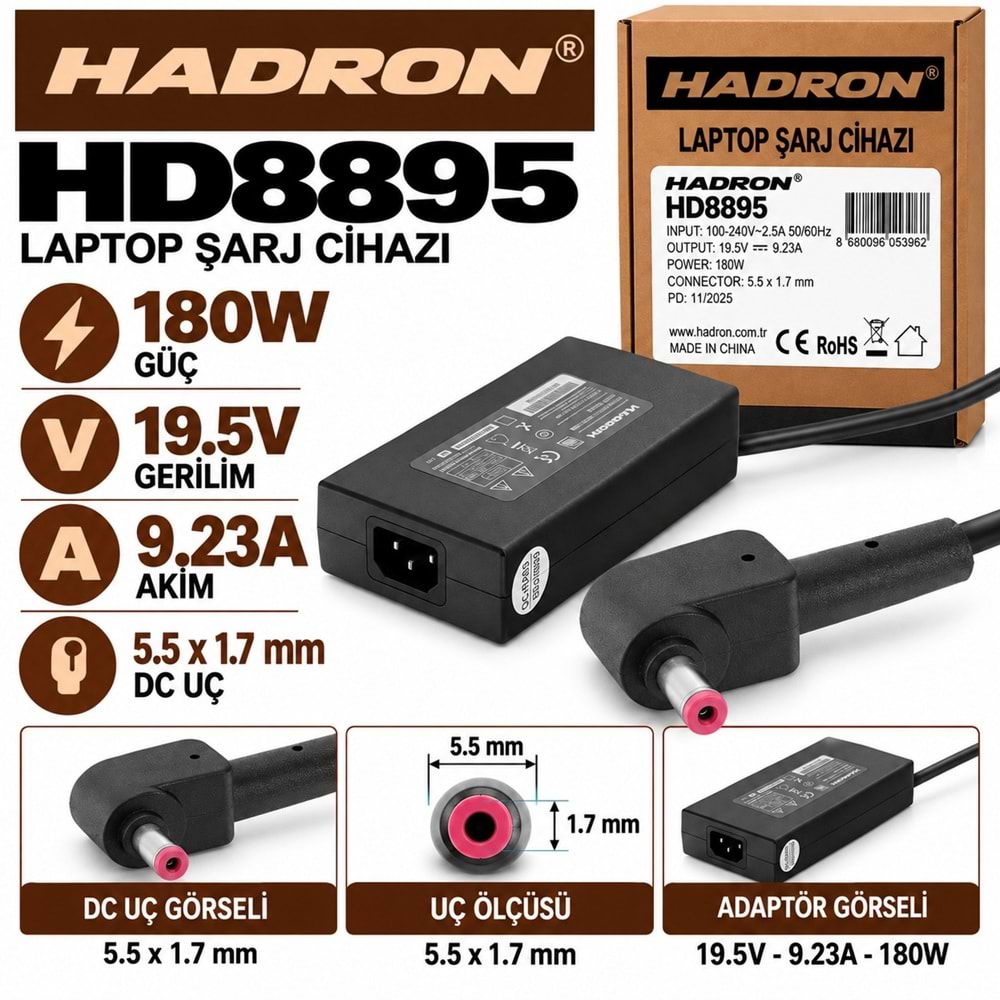 HADRON HD8895 180W 19.5V 9.23A 5.5x1.7 mm Acer Laptop-Notebook Adaptörü