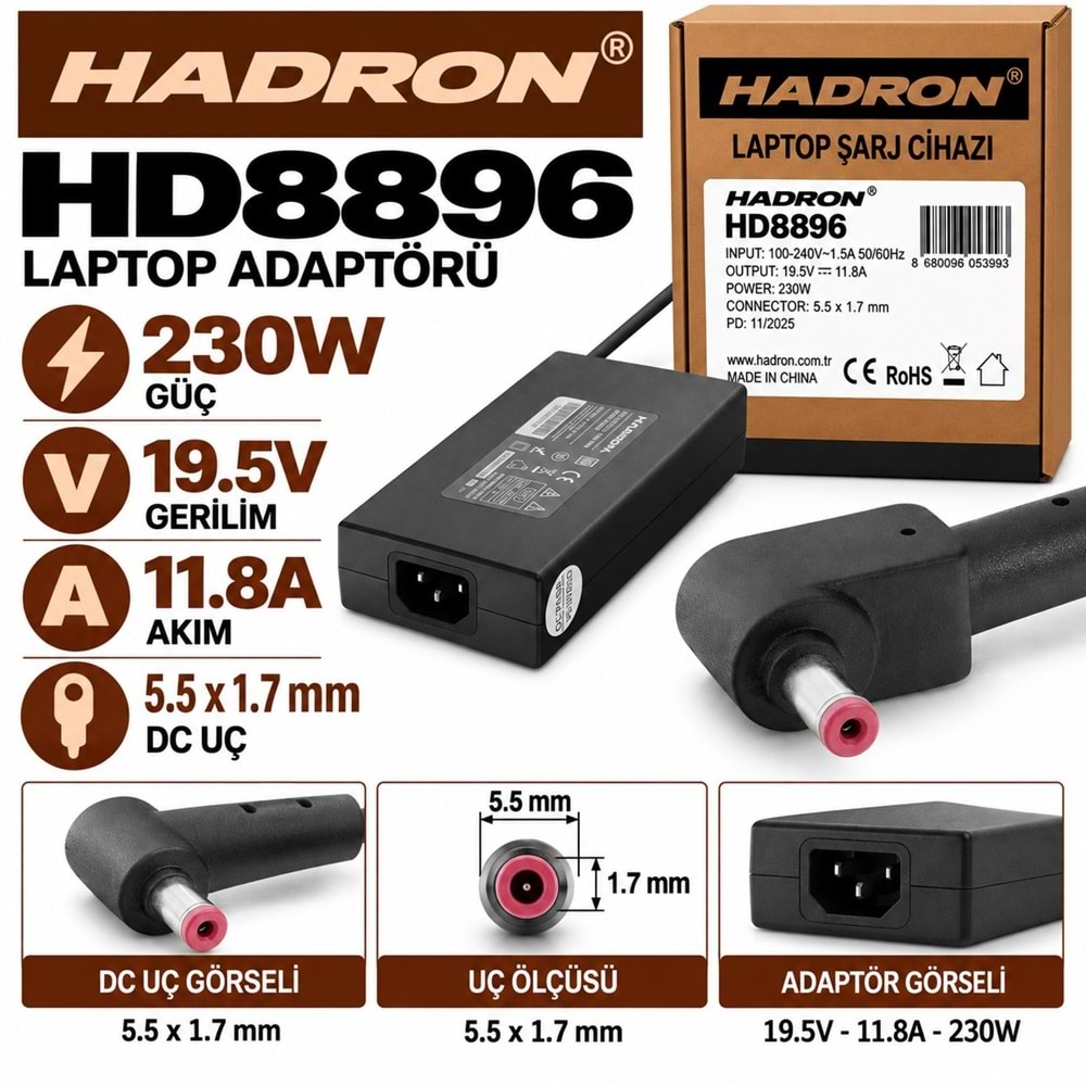 HADRON HD8896 230W 19.5V 11.8A 5.5x1.7 mm Acer Laptop-Notebook Adaptörü