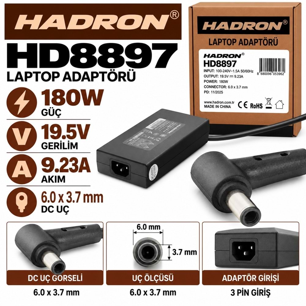 HADRON HD8897 180W 19.5V 9.23A 6.0x3.7 mm Asus Laptop-Notebook Adaptörü