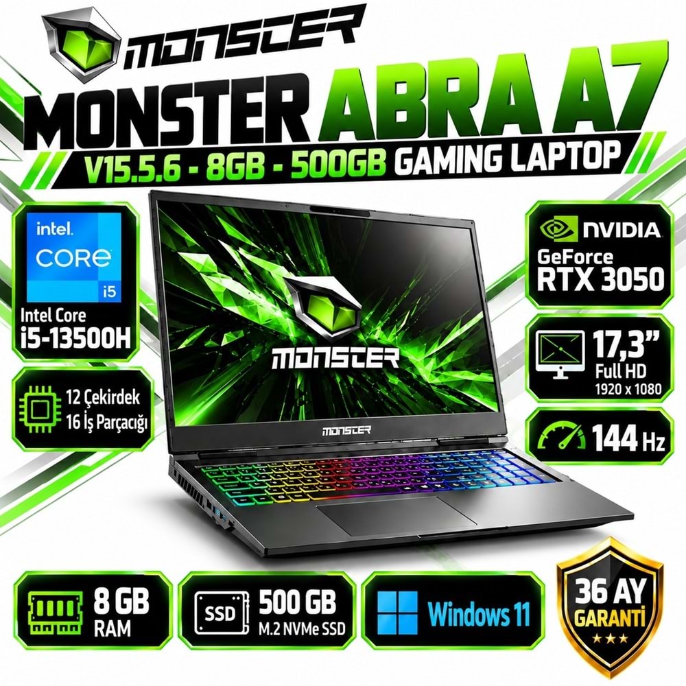 Monster Abra A7 V15.5.6 i5-13500H 8GB RAM 500GB M.2 NVMe SSD RTX 3050 17.3
