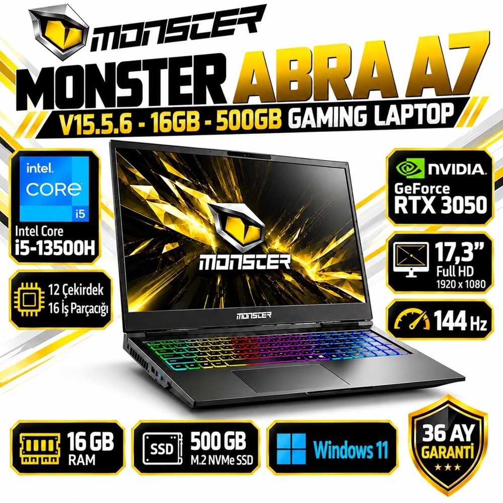 Monster Abra A7 V15.5.6 i5-13500H 16GB RAM 500GB M.2 NVMe SSD RTX 3050 17.3