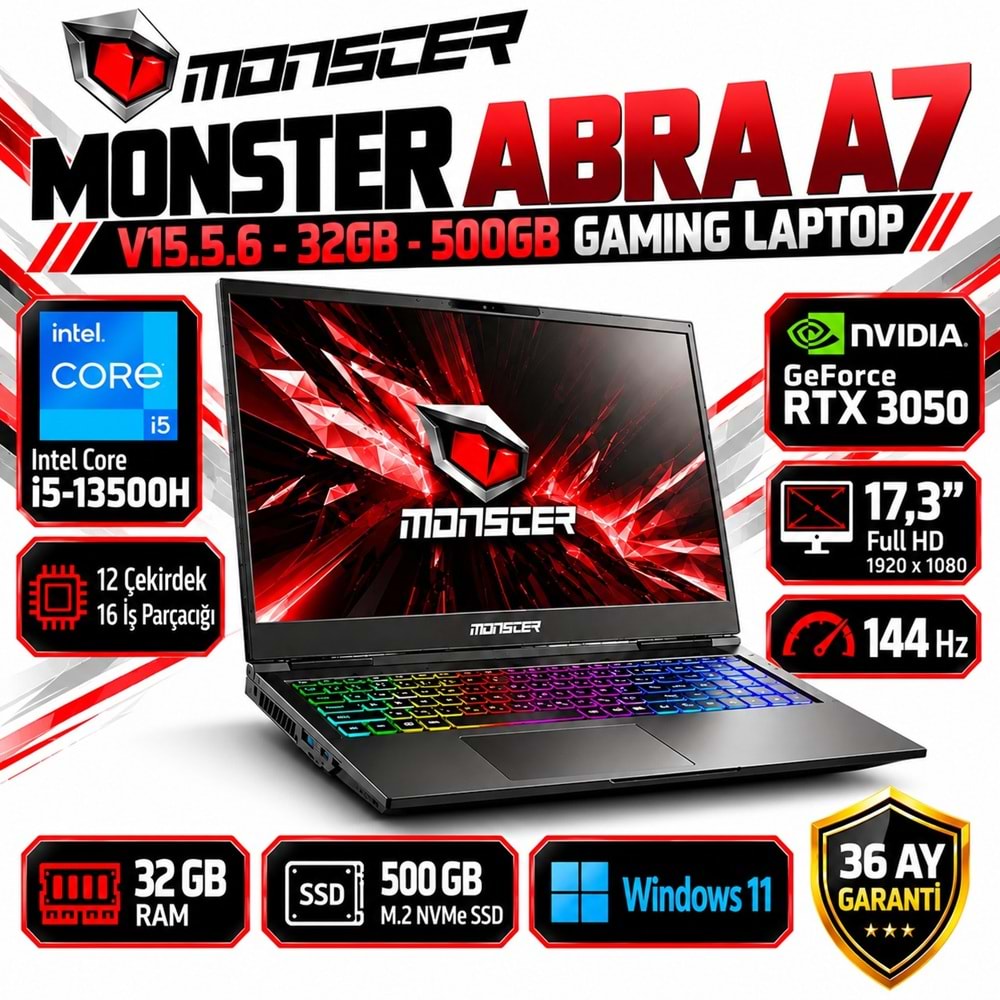 Monster Abra A7 V15.5.6 i5-13500H 32GB RAM 500GB M.2 NVMe SSD RTX 3050 17.3