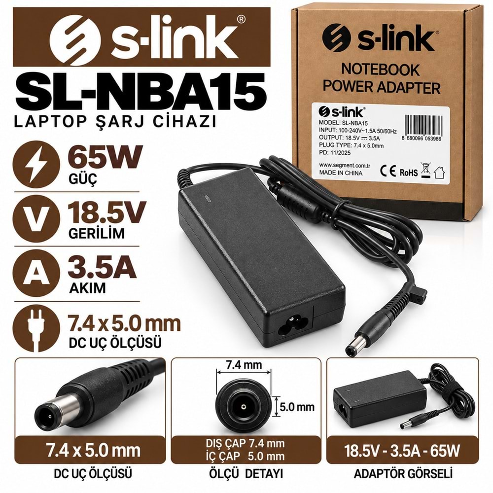 S-LINK SL-NBA15 65W 19V 3.42A / 5.5 × 2.5 mm Asus / Toshiba / Acer / Standart Notebook - Laptop Adaptörü